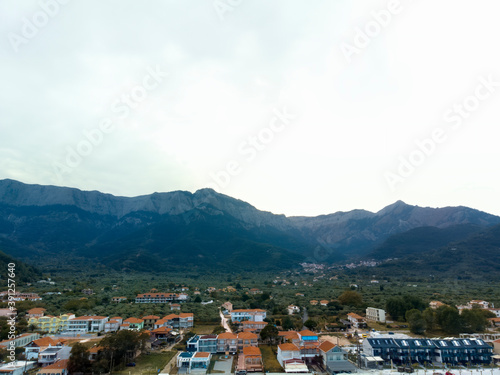 Aerial drone view of mountains in village in Thassos island photo