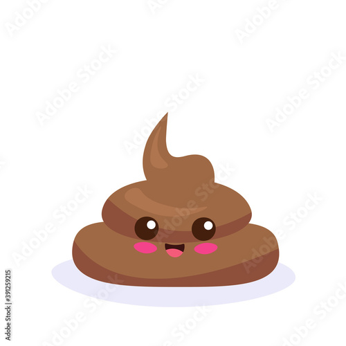 Kawaii vector illustration of brown poop isolated on white background. Cute cartoon poo character fo kids. Adorable comic icon. Funny smiling element for dump. Use for print, books, decorations.