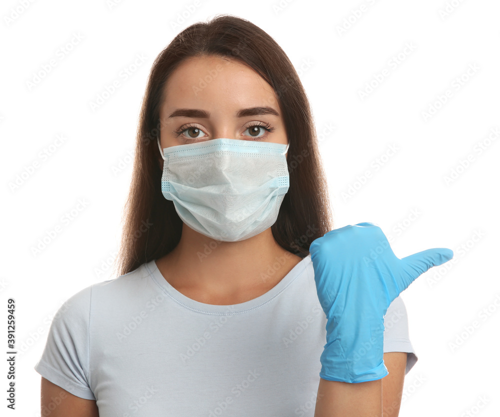 Woman in protective face mask and medical gloves on white background Woman in protective face mask and medical gloves on white background