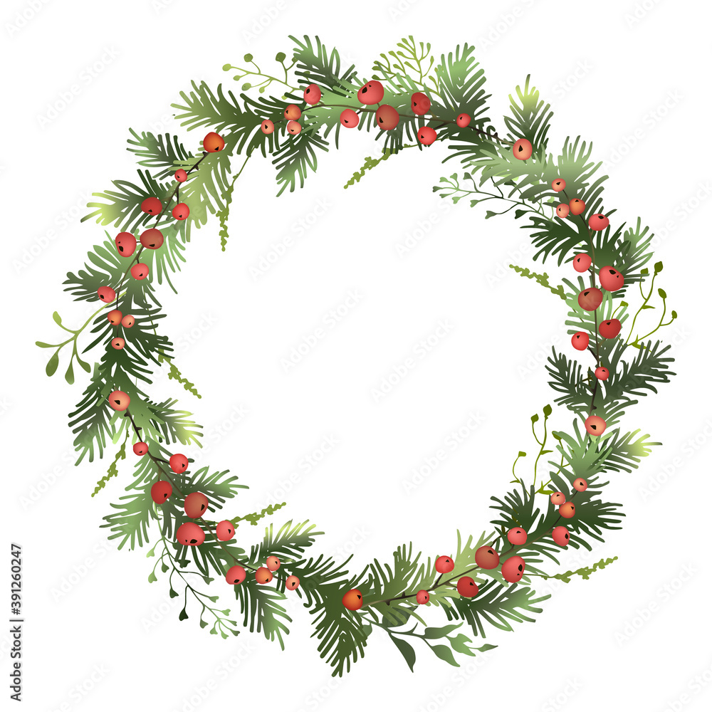 Obraz Christmas spruce wreath with red berries. Pine wreath. Decorative element.