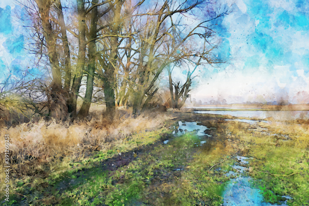 Watercolor painting of old Willow tree on Havel river in Havelland Germany. Autumn time. Watercolor painting of old Willow tree on Havel river in Havelland Germany. Autumn time.