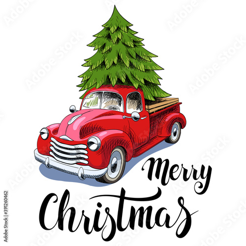 Red retro truck with Christmas tree and text Merry Christmas isolated on white, vector illustration. Christmas card. 