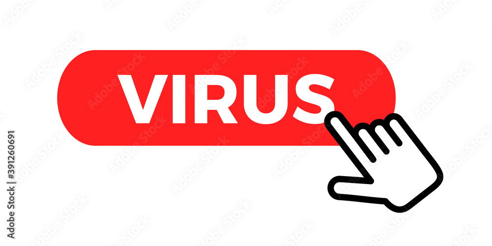 Cursor is clicking on the red button with Virus text. Danger and threat in cyber space and internet. Vector illustration isolated on white Cursor is clicking on the red button with Virus text. Danger and threat in cyber space and internet. Vector illustration isolated on white