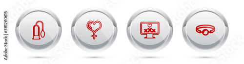 Set line Penis pump, Female gender and heart, Monitor with 18 plus content and Silicone ball gag. Silver circle button. Vector.
