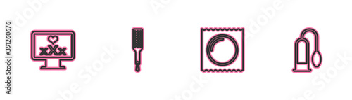 Set line Monitor with 18 plus content, Condom in package, Spanking paddle and Penis pump icon. Vector.