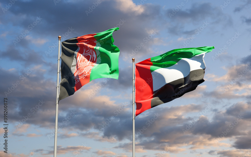 Beautiful national state flags of UAE United Arab Emirates and Afghanistan together at the sky background. 3D artwork concept.