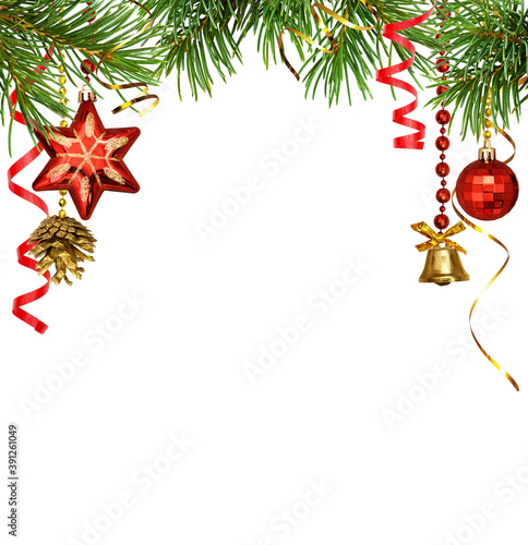 Green pine twigs, red and g...