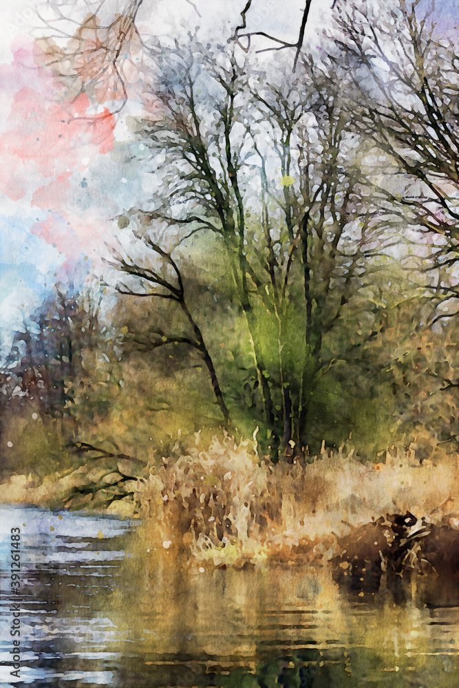 Watercolor painting of old Willow tree on Havel river in Havelland Germany. Autumn time.