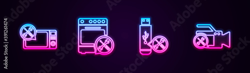 Set line Microwave oven service, Oven, USB flash drive and Video camera. Glowing neon icon. Vector.