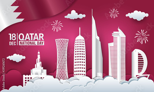 Vector illustration of 18th December Qatar national day celebration with city skyline, qatar flag and fireworks