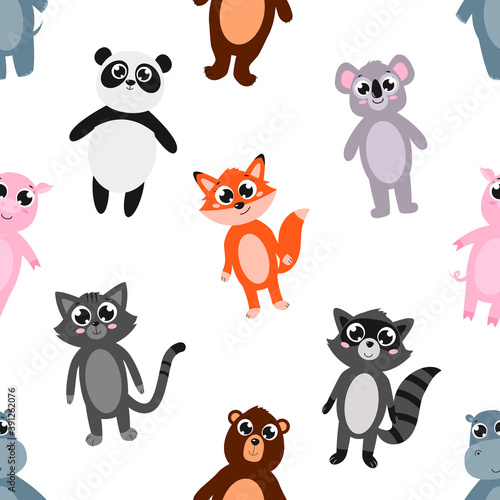 Seamless pattern of cute animals. Vector cartoon background.