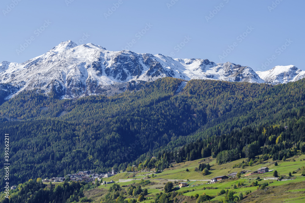 Scenic view of snowcapped mountains of Valtellina valley, Lombardy region, Sondrio province, Italy Scenic view of snowcapped mountains of Valtellina valley, Lombardy region, Sondrio province, Italy