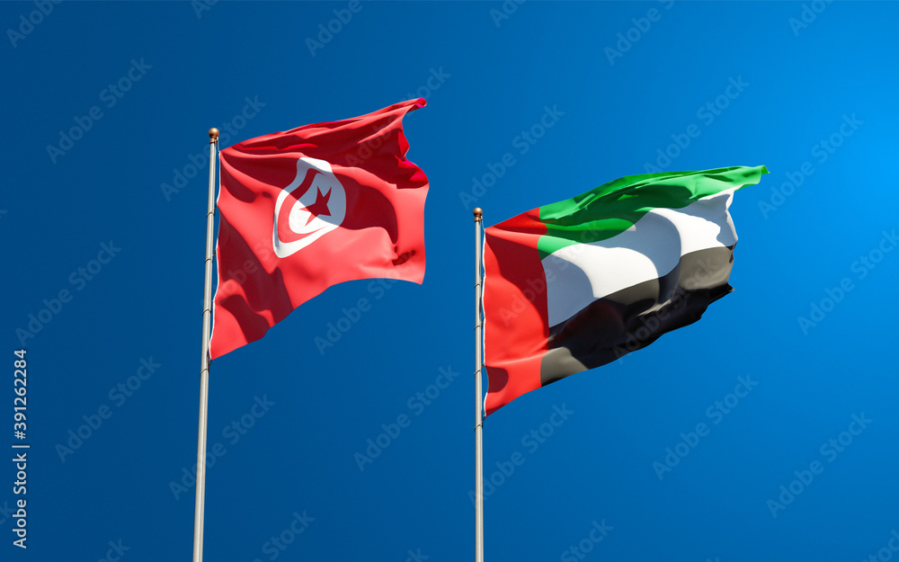 Beautiful national state flags of Tunisia and UAE United Arab Emirates together at the sky background. 3D artwork concept. Beautiful national state flags of Tunisia and UAE United Arab Emirates together at the sky background. 3D artwork concept.