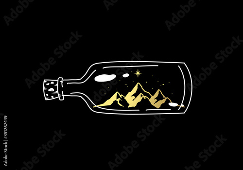 mountain and star in the bottle.
Hand drawn, boho, luxury style. 
Black and white gold color. 
Spiritual guidance, tarot readers, tattoos, travelers
