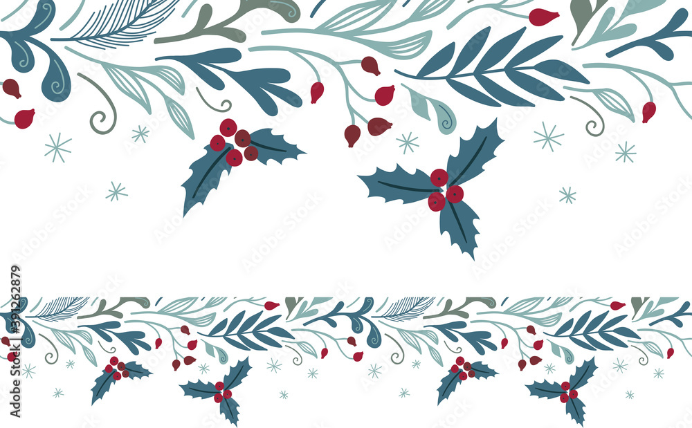 Fototapeta premium Christmas horizontal border with winter flora. Vector floral template, holiday banner.