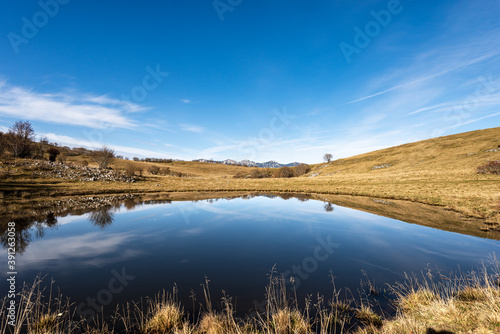 Small lake for cows in Lessinia Plateau Regional Natural Park  Corno d Aquilio. In the background the Monte Baldo  Baldo Mountain . Verona Province  Veneto  Italy  Europe.