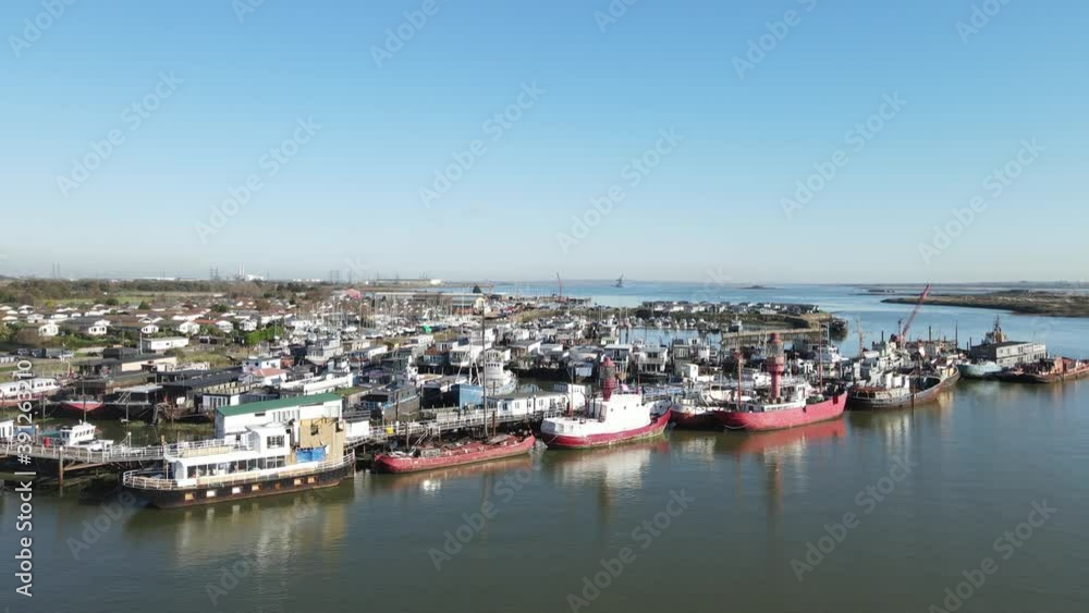 Old Lighthouse ships moored on river Medway Kent Drone footage Old Lighthouse ships moored on river Medway Kent Drone footage