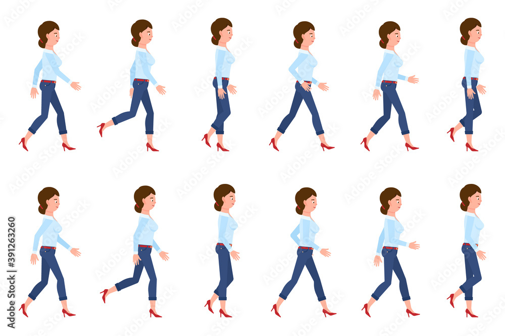 Young, adult woman in jeans walking sequence poses vector illustration. Moving forward, fast, slow going person cartoon character set on white Young, adult woman in jeans walking sequence poses vector illustration. Moving forward, fast, slow going person cartoon character set on white