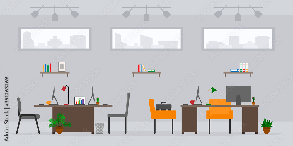 Design of modern empty office work place front view vector illustration. Cartoon table, desk, chair, computer, building, desktop, lamp, plant isolated on cityscape background