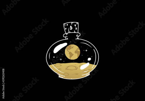 Earth and moon surface in the bottle. Hand drawn, boho, luxury style. Black and white gold color. Spiritual guidance, tarot readers, tattoos