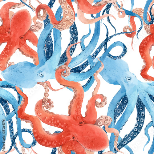 Beautiful vector seamless underwater pattern with watercolor red and blue octopus. Stock illustration.