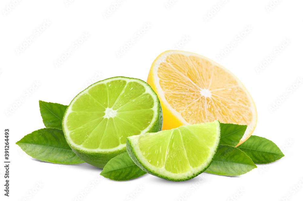 Fresh limes, lemon and green leaves on white background