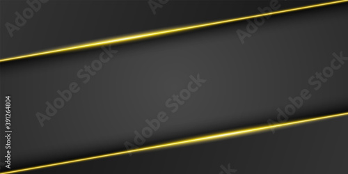Abstract gold metallic, black frame background, triangular overlap layer with bright yellow light line, diagonal shape, dark minimal design with copy space, vector illustration