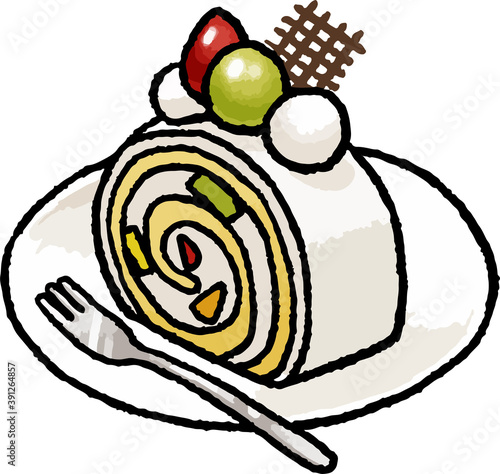 【食べ物イラスト素材】フルーツロールケーキの手描きベクターイラスト