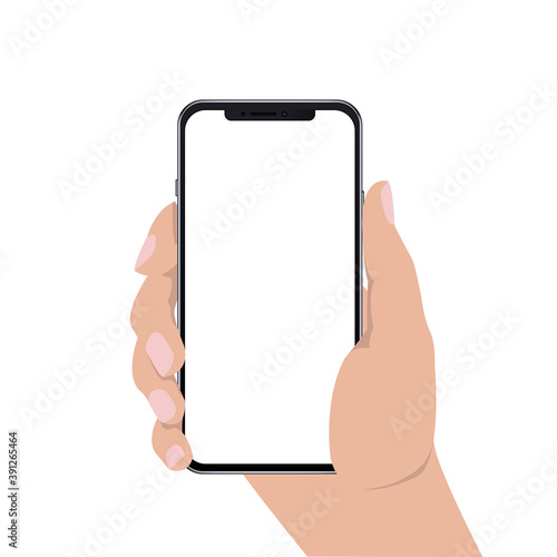 A person holds a phone in his hand. Template smartphone for inserting your image, advertising. Vector illustration isolated on white background