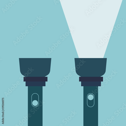 Flashlight off and on with a beam of light. Vector illustration on flat style