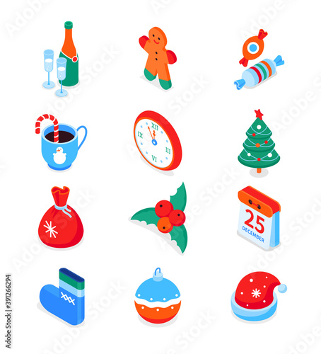 Merry Christmas and Happy New Year - modern colorful isometric icons set