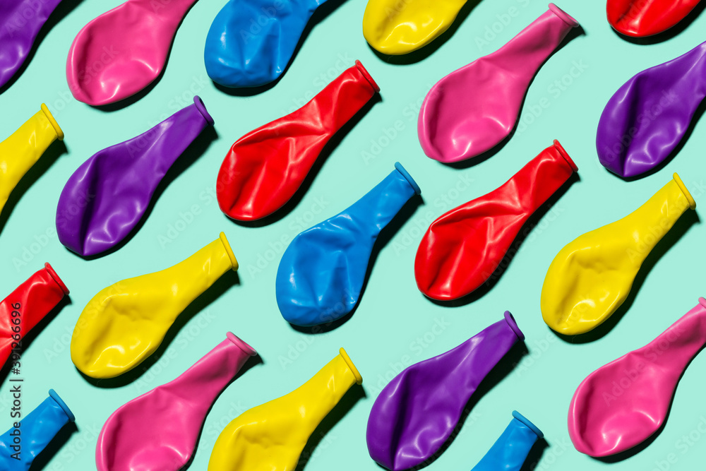 colorful balloon pattern on the turquoise background, image for packages, envelopes, and covers. Top view, flat lay colorful balloon pattern on the turquoise background, image for packages, envelopes, and covers. Top view, flat lay