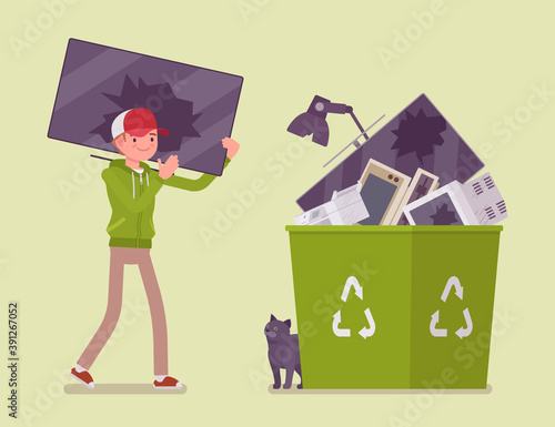 Electronic waste recycling, reuse and reprocessing of electrical equipment. Young man carrying broken monitor to through into a bin with recycle green symbol. Vector flat style cartoon illustration