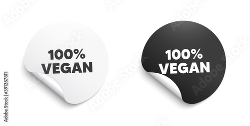 100 percent vegan. Round sticker with offer message. Organic bio food sign. Vegetarian product symbol. Circle sticker mockup banner. Vegan food badge shape. Adhesive offer paper banner. Vector