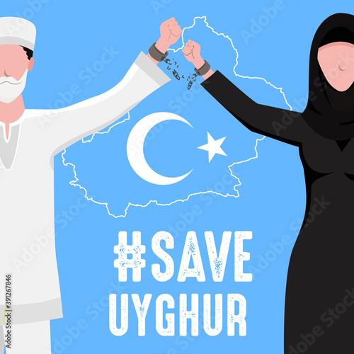save Uyghur vector Illustration. Uyghur peoples raising hands and broken chains the symbol of freedom