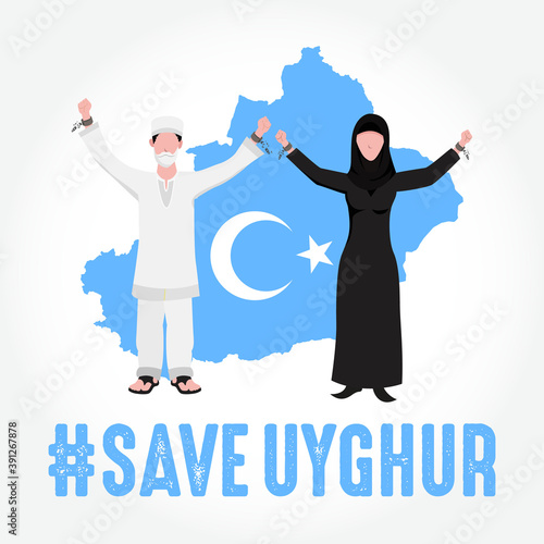 save Uyghur vector Illustration. Uyghur peoples raising hands and broken chains the symbol of freedom