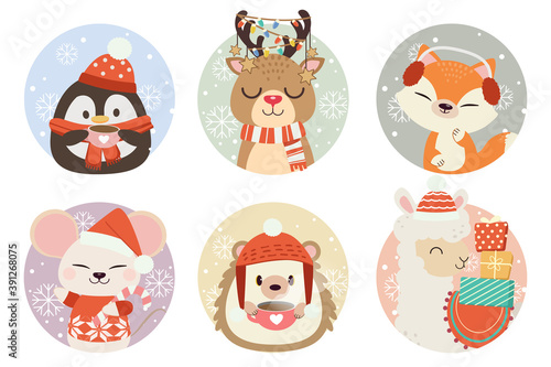 The collection of cute animal in circle with snow and snowflake with flat vector style. Graphic resource about christmas and holiday
for graphic,content , banner, sticker label and greeting card.