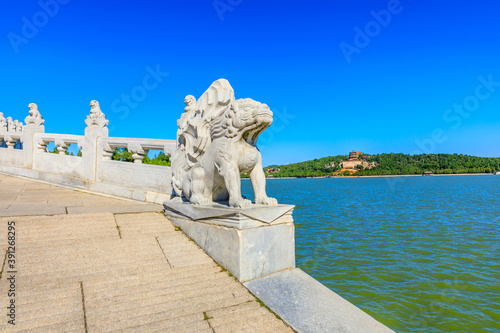 The Famous 17 arch lion bridge in Summer Palace outside of Beijing,China.the ancient imperial gardens.