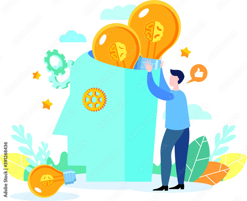 Vector illustration of business graphics, people putting new ideas in their head, abstract human head filled with light bulbs as ideas. Bright modern flat design. Vector illustration of business graphics, people putting new ideas in their head, abstract human head filled with light bulbs as ideas. Bright modern flat design.