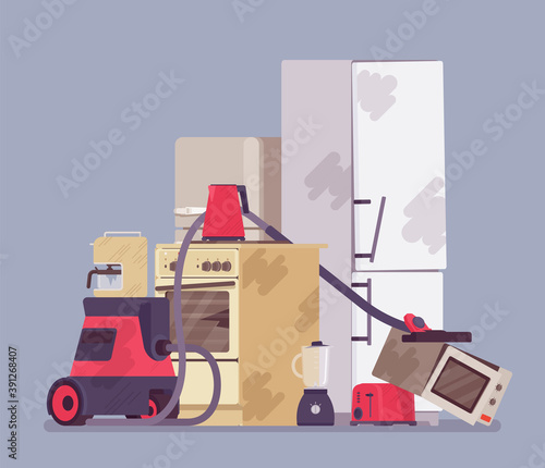 Electrical appliances disposal, amount of used e-waste piled. Damaged and destroyed broken household devices trash, domestic waste materials, junk, rubbish heap. Vector flat style cartoon illustration