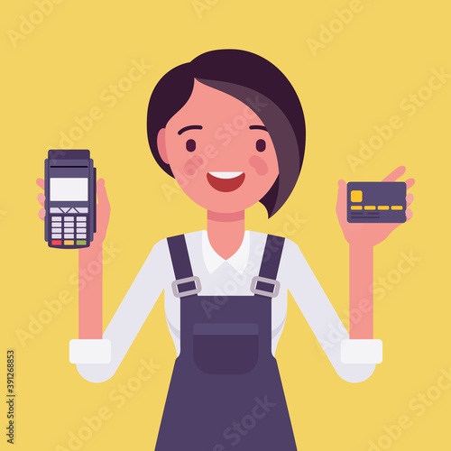 Credit card processing system, happy girl. Small business owner showing safe payment option, secure merchant method and good customer service demonstration. Vector flat style cartoon illustration