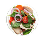 Delicious salad with chicken, vegetables and spinach in glass bowl on white background, top view