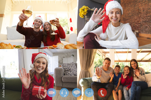 Four screens showing people in their homes wearing santa hats having video chat interacting with fri