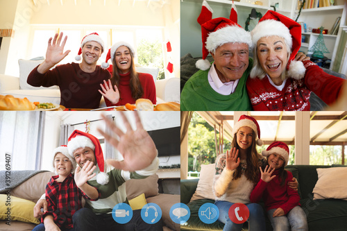 Four screens showing people wearing santa hats having video chat interacting with friends