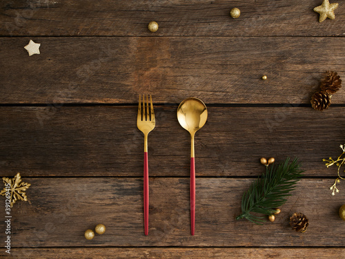 Christmas table setting on wooden background