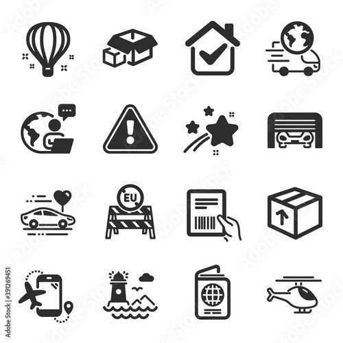 Set of Transportation icons, such as Passport, Packing boxes, Package symbols. Delivery service, Air balloon, Parcel invoice signs. Parking garage, Lighthouse, Flights application. Vector © blankstock