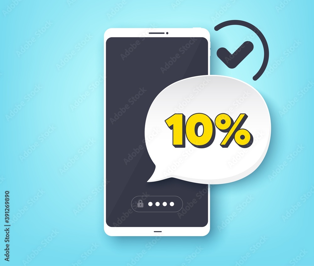 10% off Sale. Mobile phone with alert notification message. Discount offer price sign. Special offer symbol. Customer service app banner. Discount badge shape. Vector 10% off Sale. Mobile phone with alert notification message. Discount offer price sign. Special offer symbol. Customer service app banner. Discount badge shape. Vector