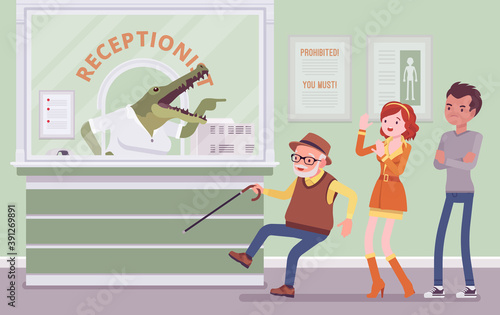 Angry rude hospital receptionist with aggressive crocodile face. Patients in medical clinic office attacked by alligator woman at reception, impolite greeting Vector flat style cartoon illustration