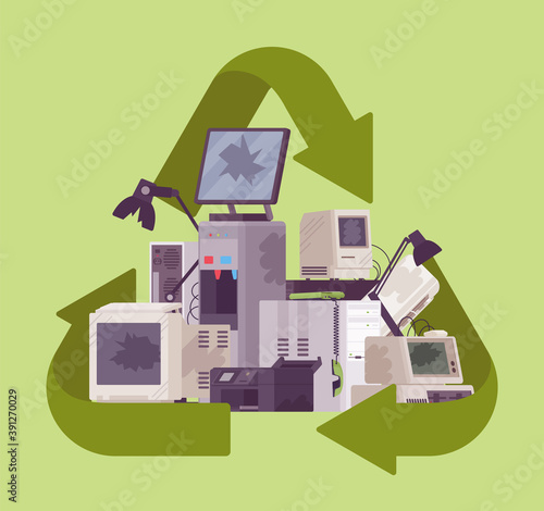 Recycling green symbol for electronic appliances waste trash pile. Environment care for unwanted technology devices, not working digital rubbish, used materials. Vector flat style cartoon illustration