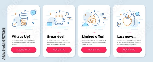 Set of Food and drink icons, such as Ice tea, Recycle water, Coffee cup symbols. Mobile screen mockup banners. Apple line icons. Soda beverage, Refill aqua, Hot drink. Diet food. Ice tea icons. Vector